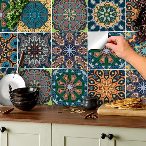 TOARTI 18 Stück Bunt Fliesenaufkleber,Mosaik Küche Wandfliese Aufkleber,Marokkanischer Fliesenfolie Badezimmer,Treppenaufkleber Wandfliese Aufkleber,Wasserdicht Selbstklebende Fliesensticker,15×15CM