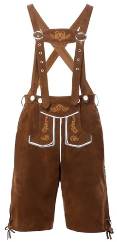 Angenster Lederhose Herren Tracht, Trachtenlederhosen Kurz mit Träger, Oktoberfest Outfit, Bayerische Tracht für Feierlichkeiten (Braun, XXL)