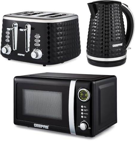 Geepas Electric Kettle 4 Slice Bread Toaster & Microwave Kitchen Set | 1.7L Textured Cordless Kettle 2200W | 4 Slice Toaster with 7 Level Browning Control | 700W Digital Microwave 20L, Black