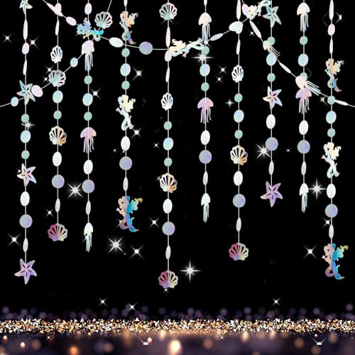 Dwafill 52 Ft Iridescent Mermaid Garland with Jellyfish Seashell Starfish, Schillernde Meerjungfrauen Party Deko Glitzer Deko Unterwasserwelt, HäNgende Banner Schnur für Birthday Party
