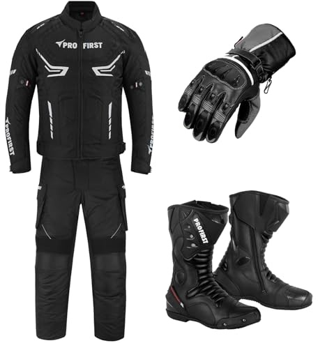 Motorcycle Protected 2 Piece Suit For Men, Bike Jacket WaterProof Fabric CE Armour Protected Trouser, Gloves With Long Leather Boots, Motorcycle Accessories (Black, S)
