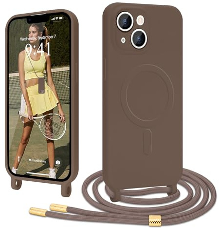 Ethanger Handyband für iPhone 14/13 Hülle mit Band, Braun | Kompatibel mit Magsafe, Flüssig Silikon Necklace Handyhülle, Magnetische Schutzhülle zum Umhängen Kordel
