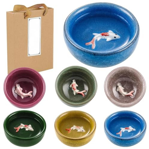 byepica Juego de 6 vasos de chupito de porcelana coreana Koi Fish Soju, juego de 6 tazas de cerámica agrietada, platos de té o salsa para el hogar, bar o restaurante