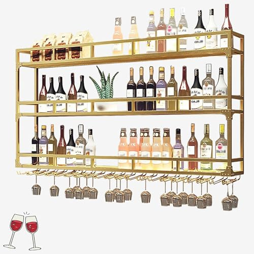 Weinregal Wand Metall mit Licht Flaschenregal Schmal Wine Rack Bar Regal Wand Weinschrank Hausbar Barschrank Weinständer Getränke Regal mit Weinglashalter Vitrine Hängend für Bartheke Wohnzimmer(Gold,