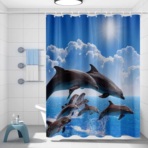 Lunaanda Waschbar Duschvorhang 180 x 200 cm,Duschvorhang Textil Anti-schimmel,Shower Curtains,aus Polyester Stoff,für Badezimmer, Badewanne mit 12 Duschvorhangringen (Delphin)