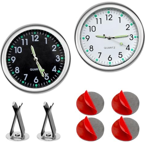 2 mini relojes para coche con adhesivo de doble cara – Luminoso analógico de cuarzo de salpicadero con clip de ventilación para decoración del coche