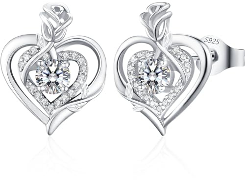 LAVUMO Moissanite Ohrringe Silber 925 Echt Herz Rose Moissanite Ohrstecker | VVS1 D Farbe Brillant Hypoallergen Schmuck Geschenk für Frauen Freundin Mutter Jahrestag Weihnachten Valentinstag Geburtstag