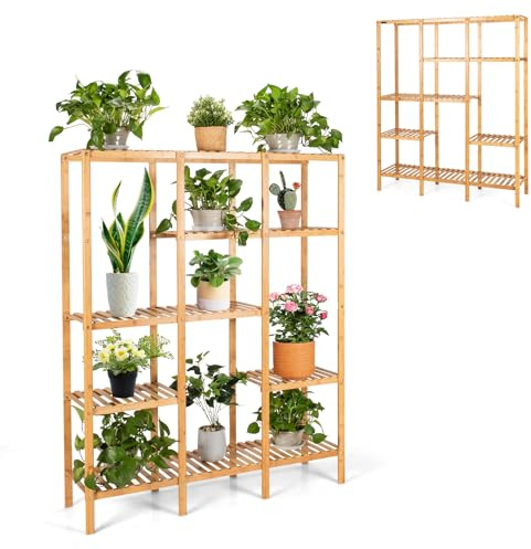 HOMASIS Blumenregal mit 5 Ebenen, Pflanzenregal aus Bambus, Pflanzenständer mit 12 Ablageflächen, Blumenständer Blumentreppe für Wohnzimmer, Balkon, Garten, Terrasse, 114 x 31,5 x 141 cm , Natur