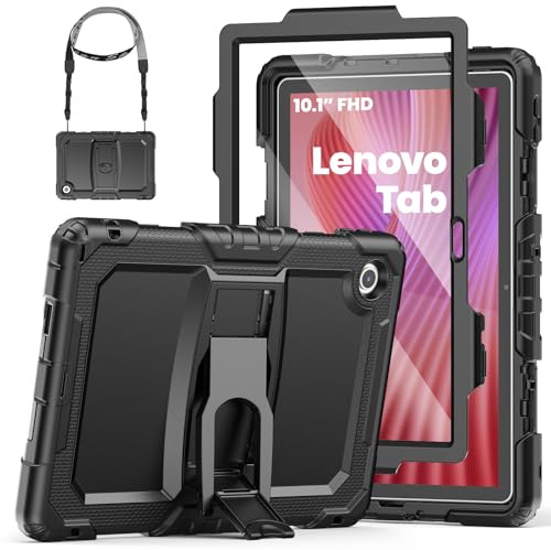 SEYMAC Hülle für Lenovo Tab 10,1 Zoll 2025 (TB-311FU/TB-311XU), Schwarz | Stoßfeste Schutzhülle mit Displayschutz/Faltbarem Ständer, Schultergur, Vollschutz-Design