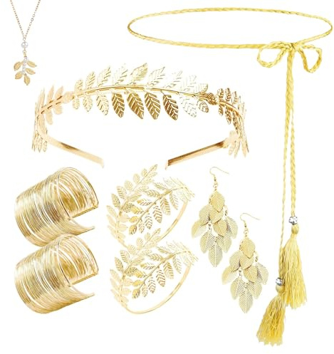 TUBAWD 9PCS Greek Costume, Greek Costume Girls, Greek Goddess Accessories with Complete Leaf Crown Pearl Necklace & Arm Cuffs Earrings Set for Women Wedding