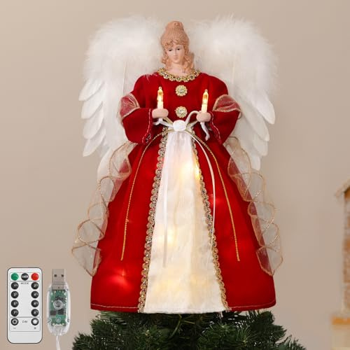 Lewondr Angelo Per Cima Albero Di Natale, 12 Cima Albero Angelo Con Ali E Luce Candela, 8 Modalità E Timer 6H Alimentazione USB E Telecomando, Decorazione Natalizia Per La Casa, Rosso