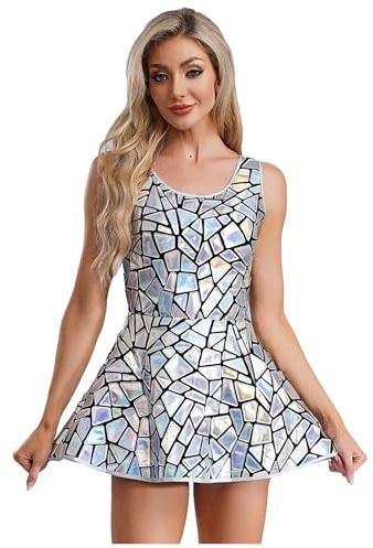 iiniim Damen Alien Kostüm Space Girl Kleid Metallic Spiegel Kleid Kurz Skater Minikleid GOGO Nachtclub Rave Partykleid Silber L
