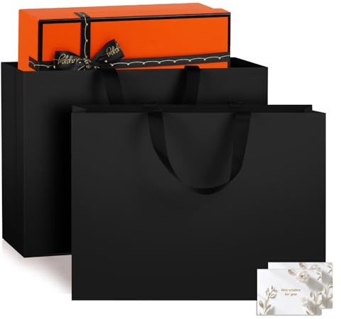 NAHRMY 2 Stück Extra Große Geschenktüte mit Henkel Schwarz 43 x 32 x 13 cm, Geschenktüte Groß Papiertüten mit Grußkarten für Geburtstag Hochzeit Weihnachten Party Feier