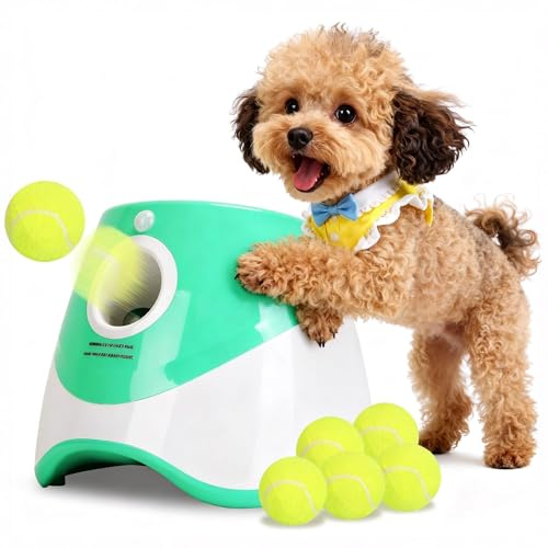 Dog Ball Thrower Launcher, Automatic Ball Launcher with 6 Tennis Balls for Small Medium Dogs, 3 Adjustable Distance Settings, Rechargeable Dog Toy Mental Stimulation Training Game for Energetic Dogs