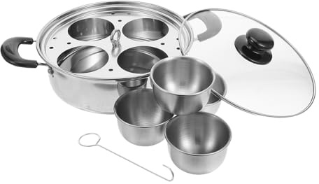 DECOMELODY Cuociuova a Vapore in Acciaio Resistente 4 Tazze con Cestello Staccabile Pentola Compatta con Coperchio e Manico per Colazione e Brunch Vaporiera Professionale Salvaspazio per