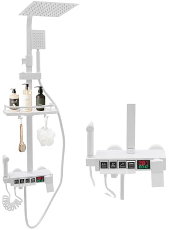 Sistema doccia con termostato, con display a LED, set completo con doccia a pioggia, 20 x 20 cm, doccetta a mano, ugello aggiuntivo e rubinetto, 4 tipi di getto, 75-110 cm, asta regolabile (bianco)
