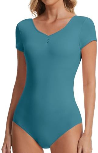 OVRUNS Dance Leotards for Women Short Sleeve Gymnastics Ballet Leotard V Neck Scoop Back Adult Bodysuit Dark Green XL