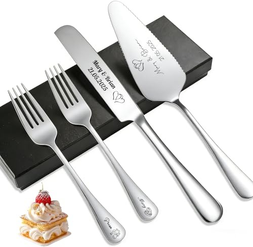 QSZ Personalisiert Tortenheber inkl Tortenheber mit Persönlicher Gravur Geschenke zur Hochzeiten Geburtstage Jubiläen Weihnachten Partys (Vierteiliges Set - 2)