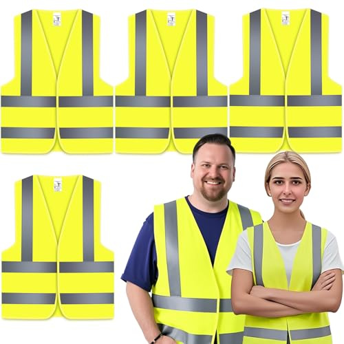 4-Strip High Visibility Safety Vest 360° Reflective, Breathable Hi Vis Vest for Construction, Running, Cycling, Traffic Work - Adjustable Neon Yellow Waistcoat (One Size Fits Most)
