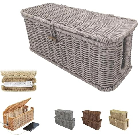 Handwoven Rattan Cable Management Box, Basket to Hide Cords, Container for Tv Wire, Computer, Router, USB Hub (Gray, M：12.9 * 5.1 * 5.1inch)