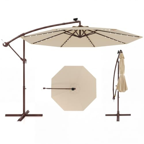 GOPLUS Parasol Déporté 3x3M, Grand Parasol de Jardin Extérieur avec 40 LED Solaires, 8 Baleines, Tissu Protection Solaire, Toile Inclinable 35°, pour Patio Terrasse Marché (Beige)