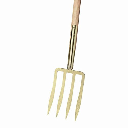 IDEAL – Spatengabel mit 4 Lanzenzinken | Vergütungsstahl spezialgehärtet | Gabel 170×250 mm | Eschen-T-Stiel 85 cm gebogen | leichte Ausführung mit Schienenzwinge | Gold lackiert | Premium-Qualität