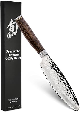 Shun Cutlery Premier Ultimate Utility Knife 6, Wide Serrated Kitchen Knife Perfect for Precise Cuts, Ideal for Preparing Sandwiches or Trimming Small Vegetables, Handcrafted Japanese Knife