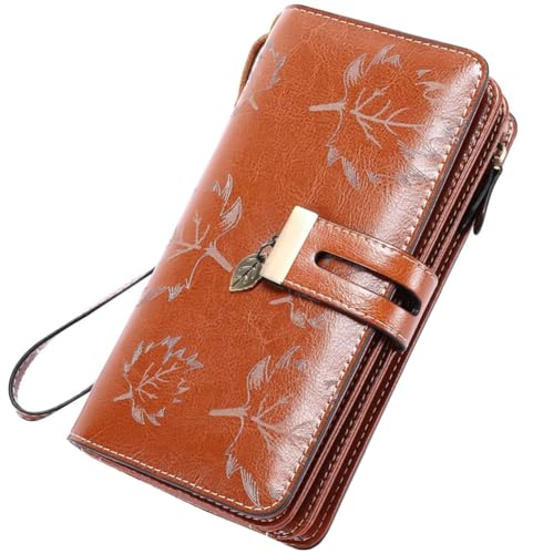 LUROON Geldbörse Damen Groß Viele Fächer, Leder Geldbeutel Damen Gross mit Kartenfächer, RFID Frauen Portemonnaie Lang Portmonee mit Reißverschluss