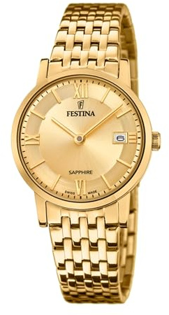 Festina Swiss Made Montre Femme Analogique Acier Inoxydable 316L Doré - Mouvement Quartz - Verre Saphir - Étanche 5 ATM - Calendrier F20021/2 - Classic Steel