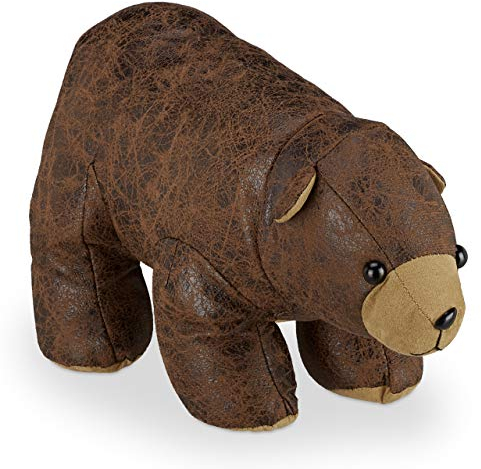 Relaxdays Dörrstopp björn, tyg, konstläder, för golv, inomhus, tung, dekorativ dörrpåse djur, H x B x D 17 x 16 x 32 cm, brun