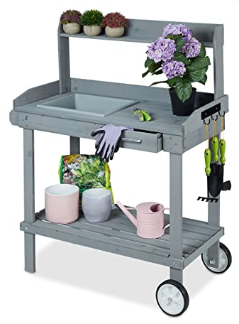Relaxdays Mesa de Jardinería con Ruedas, con Bandeja para Tierra y Cajón, Madera y Plástico, 120 x 97 x 49 cm, Gris