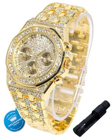 Halukakah Diamanten Gold Uhr für Jungen,Teenager,Kinder - 18K Echtgold Platiniert,40mm Achteckiges Zifferblatt mit Römischen Zahlen,Japanisches Quarzwerk - 20cm Länge,mit Uhren Anpassungswerkzeug