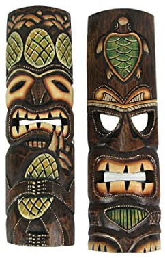 J.D. Yeatts Hand Crafted Wooden Tiki Wall Masks 20 Inch Set of 2 Pineapple and Sea Turtle Designs,Multicolored,One Size