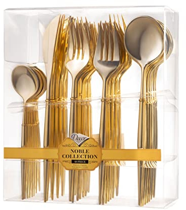 Decor Decorline - Wiederverwendbare Robust Plastikbesteckset - 40 Teilig - mit je 16 Gabeln, 8 Messern, 8 Löffel und 8 kaffee/Teelöffel - Noble Collection - Glänzendes Gold
