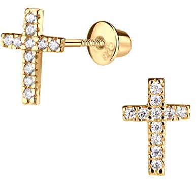 Cherished Moments Children's 14K Gold-Plated Cross Earrings with CZ Stones and Safety Screw Backs for Baptism, Christening and First Communion Gifts for Girls