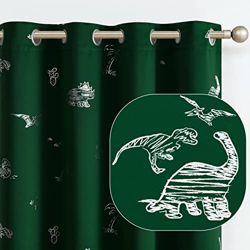 Vangao Kinder-Vorhänge, grün, verdunkelnd, Dinosaurier-Vorhänge für Jungen, Kinderzimmer, Mädchenzimmer, silberfarbener Dino-Foliendruck, wärmeisoliert, Ösen, Fensterbehandlungen, 213 cm Länge, 2