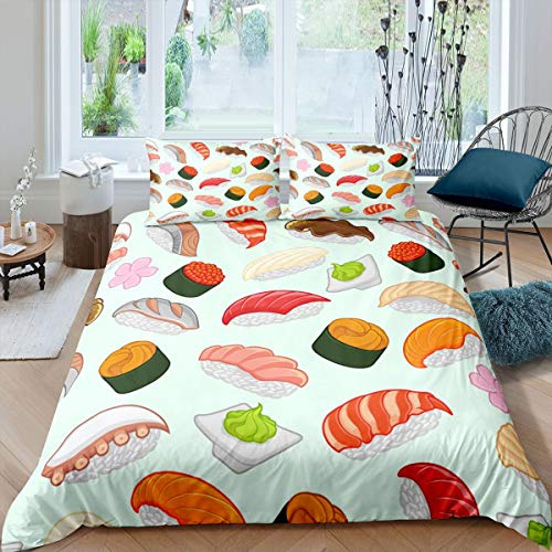 Homemissing Set di biancheria da letto con copripiumino in stile giapponese, per bambini, adulti, sushi giapponese, ultra morbido, con cerniera doppia