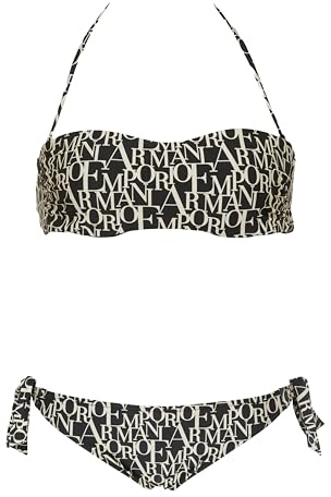 EMPORIO ARMANI Logomania Bandeau Top & Bow Brazilian Bikini Bottom para Mujer, Negro/Logo Almond, S