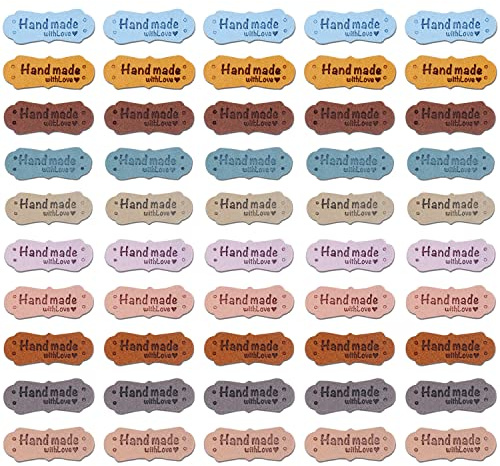 PFLYPF 50 stück handgefertigte nähetiketten, handgefertigte Lederetiketten, bekleidungsstoffetiketten, DIY Nähdekorationszubehör (4,3 * 1,5 cm, 10 Farben)