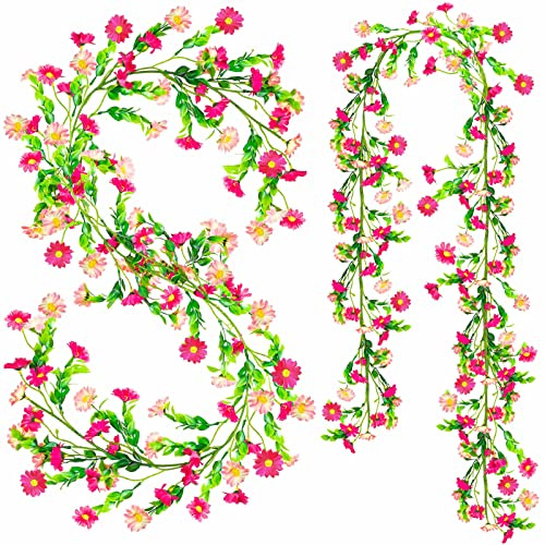2 Pack Spring Flower Garland, 13.6 Ft Silky Artificial Pink Garland with Pink Daisy and Vine, Floral Garlands Decoration for Room Wall, Flower Themed Party, Wedding Supplies