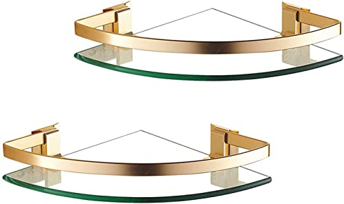 AKAZI Eckregal aus Glas für die Dusche, gehärtetes Badezimmerglasregal an der Wand montiert mit Schiene, 8 mm Eckduschregal aus gehärtetem Glas, 2 Stück (Color : Gold) (Gold)