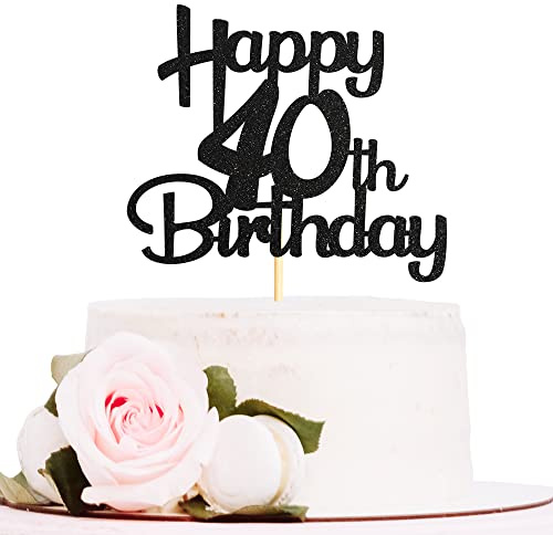 Sotpot 1PC Happy 40th Birthday Cake Topper Black Glitter Cake Decoration for 40th Milestone Birthday Party Anniversary Supplies