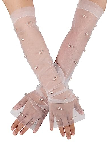 2 Stück Perlenhandschuhe, 46cm Brauthandschuhe Perlen Fingerlose Tüllhandschuhe für Frauen Tüll Lange Handschuhe Brauthandschuhe für Oper Halloween Kostüm Party Tanz (Weiß)