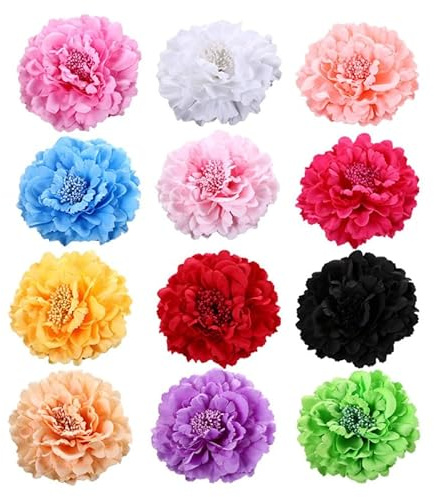 FRCOLOR Lot De 12 Pinces À Cheveux Fleur Pivoine Pour Femme Et Fille Barrettes En Tissu Accessoires Coiffure Pour Mariage Fête Anniversaire Et Usage Quotidien