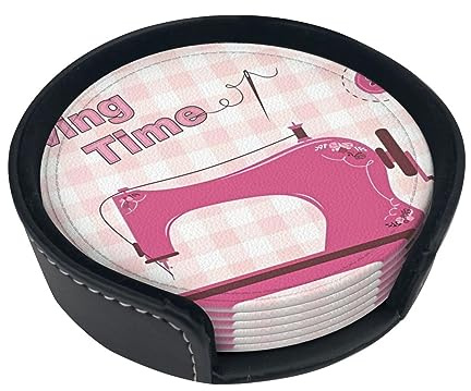 Vintage Pink Nähmaschine Leder Untersetzer für Getränke mit Halter Runde Tassenuntersetzer Tassen Matte Pad für Wohnzimmer Küche Kaffee Dekor