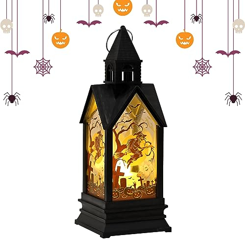 ACAREY Halloween Deko Laterne LED Halloween Deko Garten Für Außen, Halloween Lantern Deko Windlaterne LED Kerzenlichter, Außenlaterne Totenkopf Skelett Laterne Für Balkon Hof Terrasse (Hexe-A)