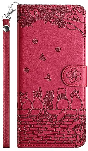 FALUWONRU for iPhone 7/8/SE 2020/SE 2022 Klapphülle,Katzen Etui,Rot | iPhone 7/8/SE 2020/SE 2022 Tasche mit Kartenfach Stand,stoßfestes Leder,ideal für Alltag,süßes Katzenmuster für Damen.