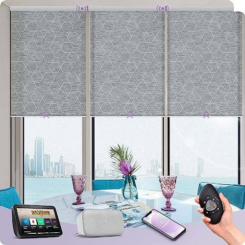 Graywind Customized Smart Solar Blinds, Fireproof Electric Roller Blinds Compatible With Alexa Google, Rechargeable Motorized Window Shades with Remote for Home Office Patio, 1% Openness Geometry Grey