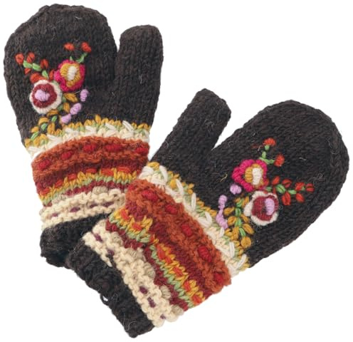 GURU SHOP Wollhandschuhe mit Blümchenstickerei, Boho Handschuhe, Fauster | Handgestrickte, warme Fausthandschuhe, Fleece-Futter, Unisex, fair gehandelt, Größe für normale Handgröße.