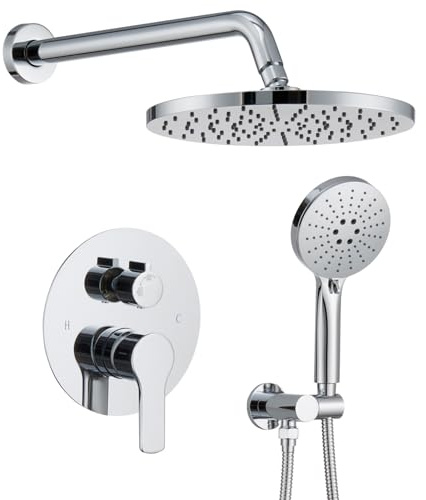 Iriber Shower System Wall Mounted Shower Faucet Mixer Set with Luxury High Pressure Shower head and 3-Setting Handheld, Bathroom Shower Trim Kit Contain Pressure Balance Valve,Polished Chrome